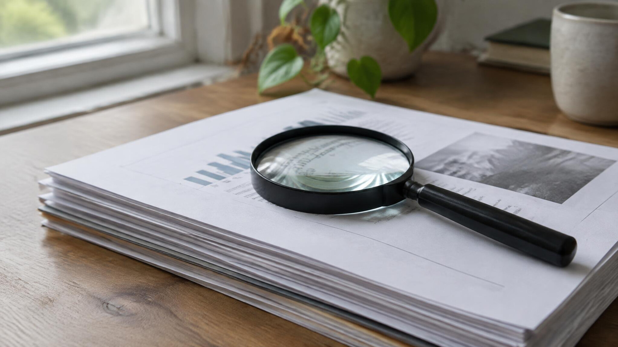 Stack of documents with a magnifying glass on a desk