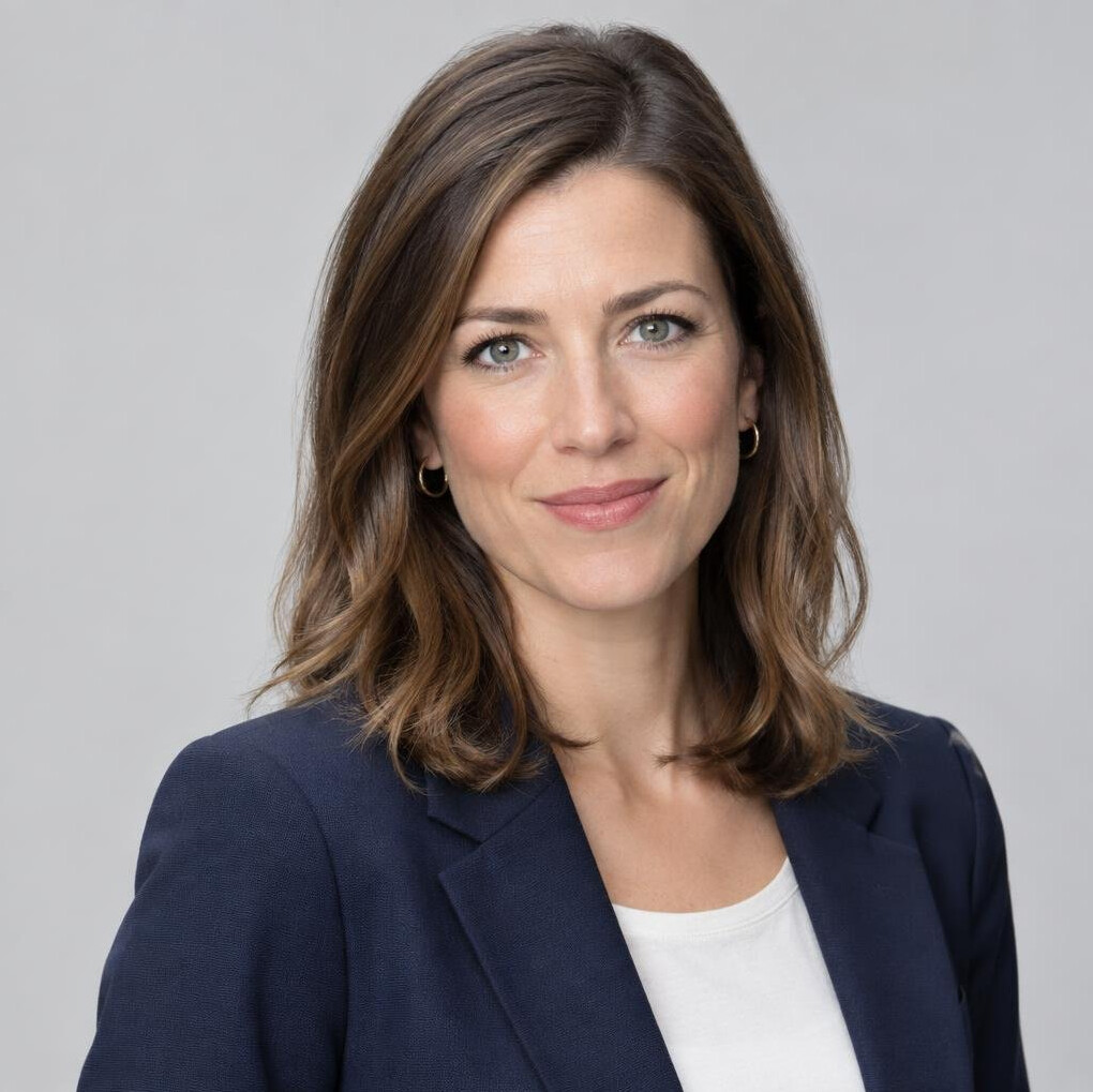 Studio portrait of a Swiss woman journalist in her 30s